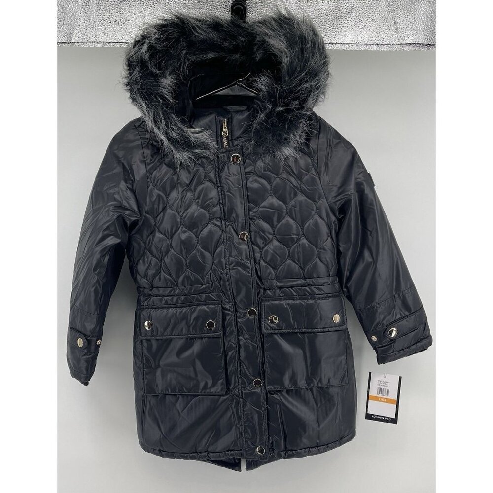 London Fog Girls Hooded Puffer Quilted  Jacket, Size 6X Black Faux Fur NWT